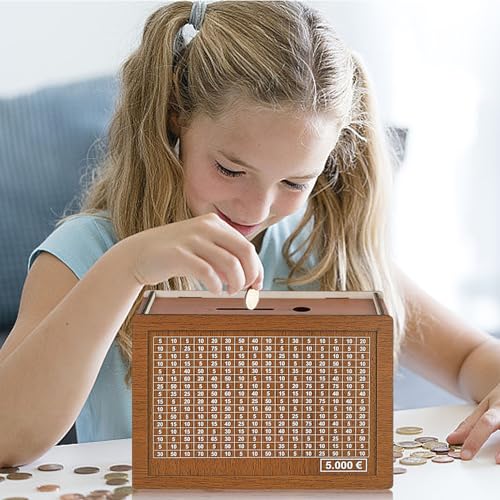 Spardose aus Holz - spardose mit zähler für 5000 Euro, Wiederverwendbare Spardose mit Sparziel und Zahlen zum ankreuzen, Retro Sparbüchse Aufbewahrungsbox für Erwachsene und Kinder