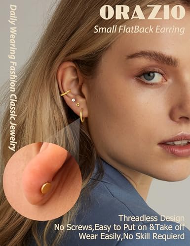 ORAZIO Small Flat Back Earrings,Push in Stud Earrings for Women Men,Hypoallergenic 14K Gold Plated Surgical Stainless Steel Threadless Earring,Flatback Stud Hoop Cartilage Earring Set for Multiple Piercing4