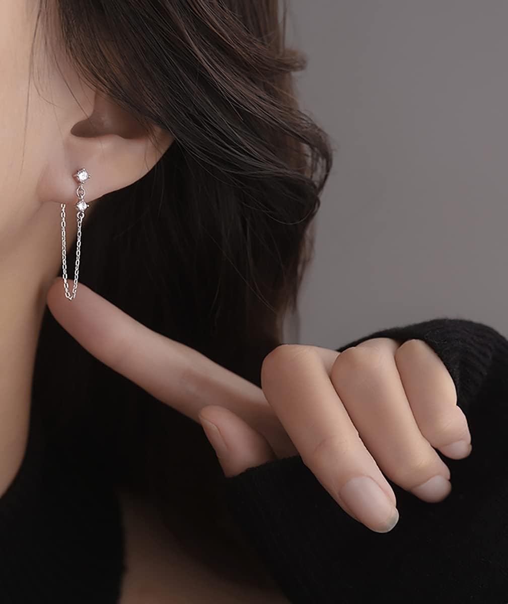 Reffeer Sterling Silver Chain Dangle Earrings for Women Teens CZ Chain Drop Earrings Studs - Image 2