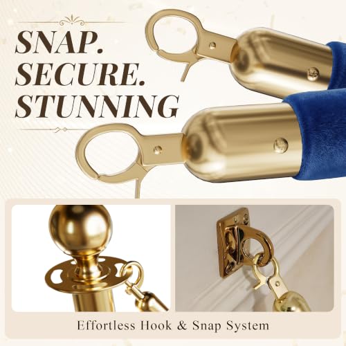 Image of 2PCS Blue Velvet Stanchion Ropes 5 Ft Crowd Control Ropes Barrier with Gold Hooks for Party Supplies,Photobooth Accessories, Prom,Birthday,Business,Wedding, Museums