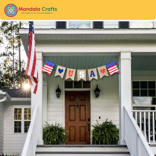 Image of Mandala Crafts Burlap USA Banner Garland for 9 /11 Patriot Day & Labor Day | American Flag Jute Pennant Bunting, Pre-Strung Patriotic Decor for Citizenship Parties, Civic Events & Day of Remembrance