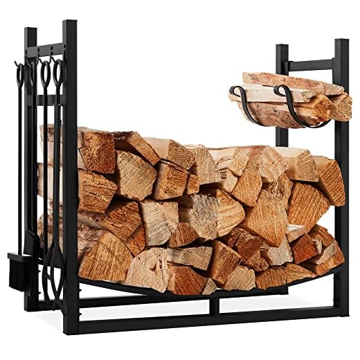 Best Choice Products 33.5in Firewood Log Rack & Tool Set Steel Wood Storage Accessory for Indoor Outdoor Fire Pit, Fireplace w/Kindling Holder, Shovel, Poker, Tongs, Brush