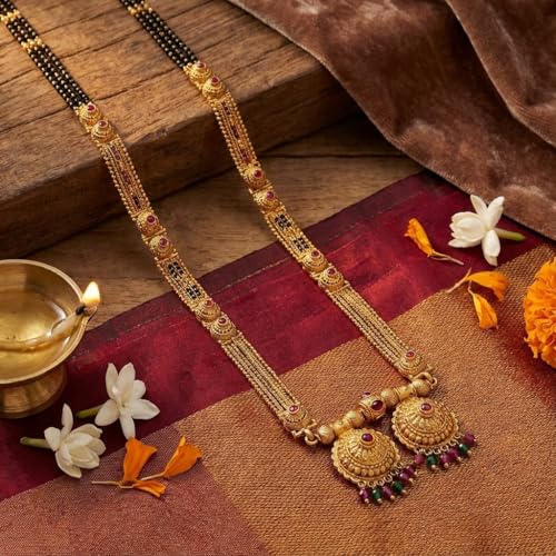 Image of Traditional 36-Inch Patti Mangalsutra | Gold-Plated Long Black Beads Mangal Sutra for Women | Matte-Finish Copper material