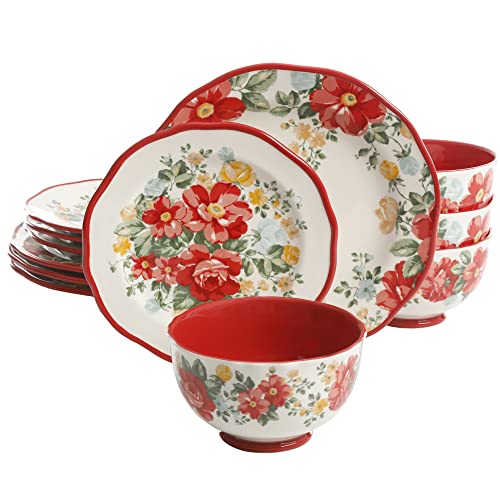 12-Piece Dinnerware Set，Vintage Floral (Color : Red)