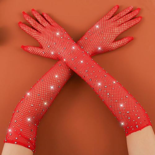 CASDRE Rhinestone Long Fishnet Gloves Mesh Rave Gloves Bling Elbow Length Evening Party Glove for Women and Girls3