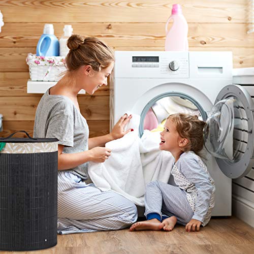 Relaxdays Cesto Portabiancheria, 30 l, per Bagno & Camera, Pieghevole, Semiovale, con Coperchio, Naturale, bambù, Poliestere, Pannelli MDF, 1 pz - Image 4