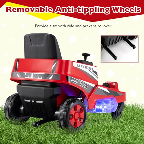 Costzon Ride on Lawn Mower for Kids, 12V Toddler Electric Car with 360° Twist and Turn, Dual Control Sticks, LED Lights, Outdoor Ride on Toy Gift for Boys & Girls Aged 3-8 (Red) - Image 4