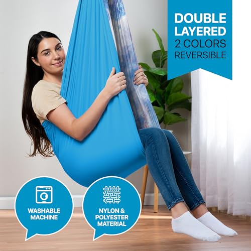 Image of Indoor Sensory Swing for Kids or Outdoor - Holds 300lbs, Double-Layer, & 360 Swivel, Calming Compression Therapy Swing Hammock for Kids & Adults with All Hardware - Sensory-Motor Toys & Gifts