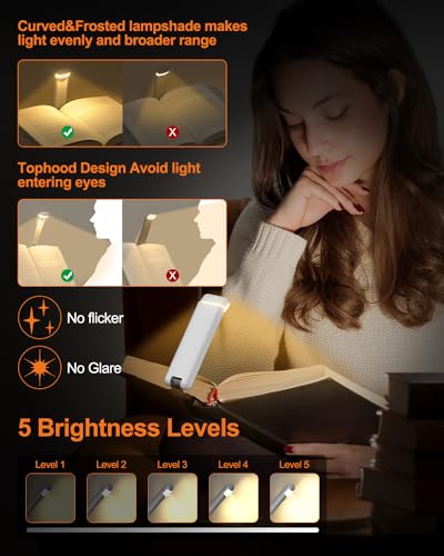 Neonit Luz de livro recarregável por USB atualizada para leitura na cama, clipe portátil, luz de lei