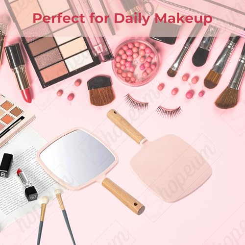 Image of Wood Hand Mirror Square Shaped Handle Makeup Mirror, Small Cute Wooden Shaving Mirror with Single Side Hanging Hole, Travel Portable for Men Women