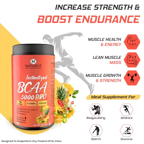 Image of NATURYZ Instantized BCAA 5000 PRO |5G Vegan BCAAs | Glutamine | Citrulline | Electrolytes | 0 Added Sugar | Powerful Intra Workout Amino for Lean Muscle Growth, Strength, Quick Re-Hydration & Instant Energy - 300g(Mix Fruit Cocktail)
