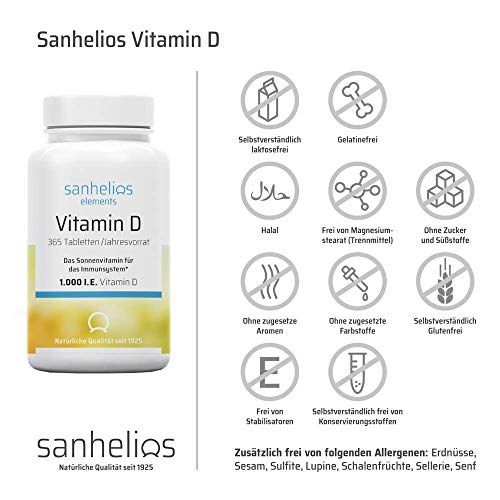 Sanhelios Sonnenvitamin D - 1000 I.E. Vitamin D3 - Unterstützt Knochen, Zähne, Muskeln und Immunsystem* - 365 Minitabletten Jahresvorrat - Nur Premium Zutaten - Hergestellt & geprüft in Deutschland
