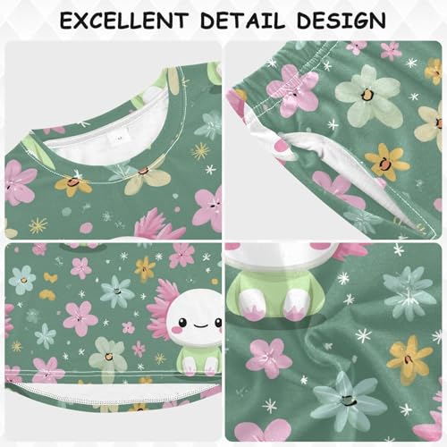 Floral Axolotl on Green Soft Pajama Set for All Seasons,Breathable Pjs Long Sleeve Sleepwear,Comfy Loungewear 2 Piece Underwear Set 8T3