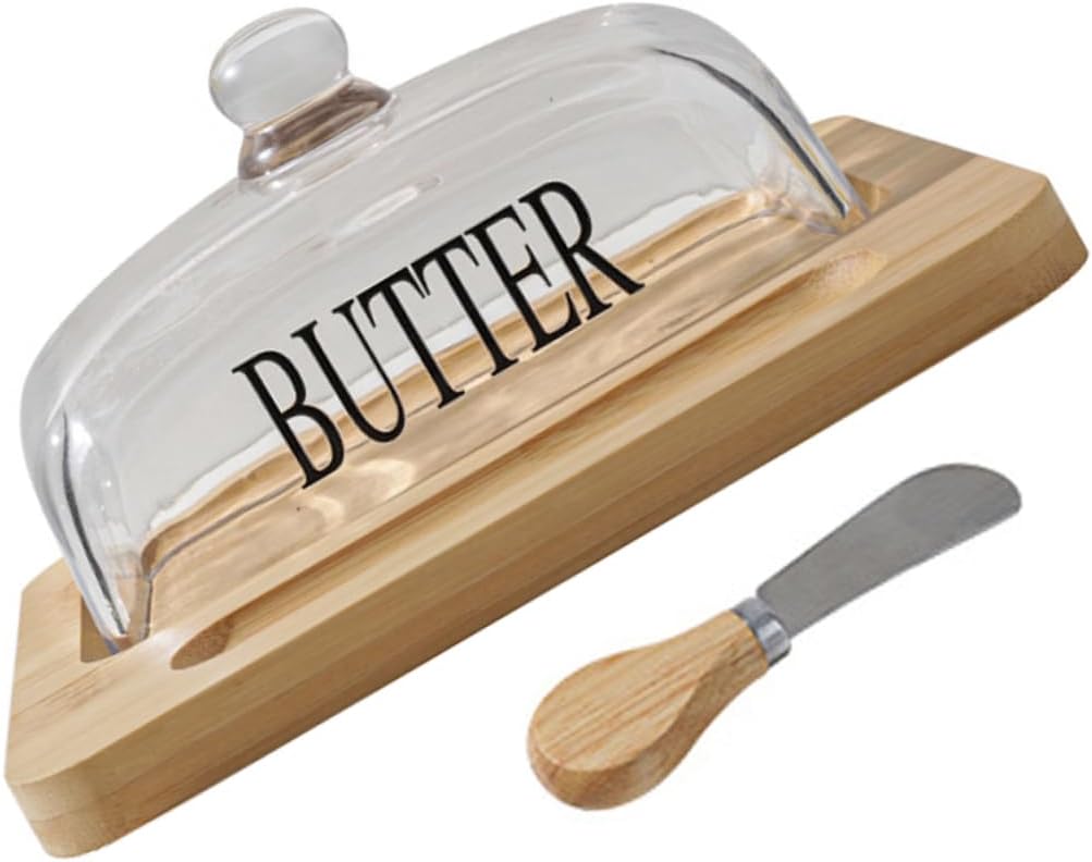 Luxshiny 1Set Butter Preservation Box with Glass Dome Lid Tray Butter Knife Versatile Butter Dish for Refrigerator Storage for Keeping Butter Fresh