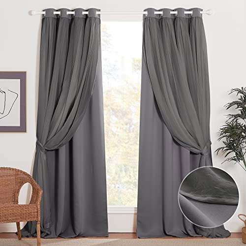 NICETOWN Nursery Double Layers Light Blocking Crushed Voile Sheer Overlap Blackout Curtains with 4 Tie-Backs for Girls Bedroom Window, Cortinas para sala (Set of 2, W52 x L63, Biscotti Beige