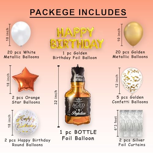 Image of 1iAM Aged Happy Birthday Decoration Combo Pack of 53 - 51pcs Balloons & 2pcs Foil Curtains for Aged Birthday Party | Retirement Party Decoration | Aged to Perfection Balloon | Whiskey Bottle