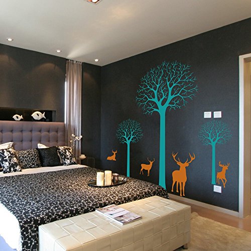 Winter Trees Decor – Forest with Elks Decal – Nursery Vinyl Bedroom D¨¦cor (Large,Option C:Trees- Teal;Elks- Dark Yellow)