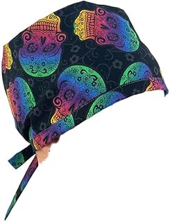 Unisex Medical Scrub Cap â€“ Rainbow Skulls - Turn Up Ponytail Scrub Hats, Ponytail Scrub Hats, Bouffant, Scrub Hats for Women, Dr. Hats, Nurses Hats.