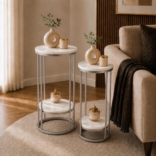 Image of Plant Stand Indoor Outdoor Metal, 2-Tier Modern Plant Shelf, Corner Flower Pot Holder, Plant Stand Table for Living Room Balcony Patio Garden Entryway Set Of 2 (Silver & White)