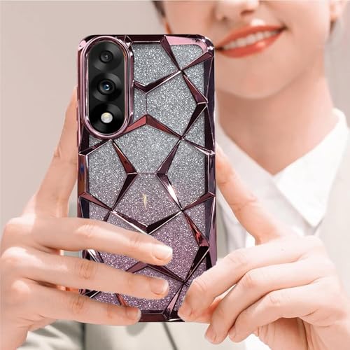 Image of VONZEE Gradient Glitter Case for One Plus Nord 5, Luxury Electroplated 3D Cube, Diamond Bling Shiny Soft TPU Clear Shockproof Women Girls Protective Oneplus Nord 5 Phone Cover (Pink)