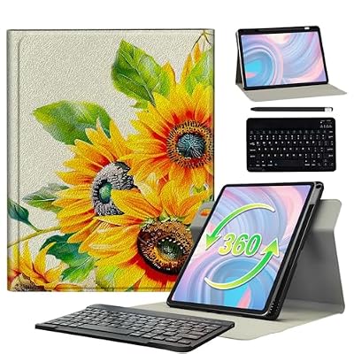 BFSEROBJ for iPad 10th Generation Case 10.9 inch 2022 with 360 Rotating Degree Stand PU Leather Protective Cover with Detachable Wireless Keyboard & Pen Holder - Green Leaves Yellow Sunflower