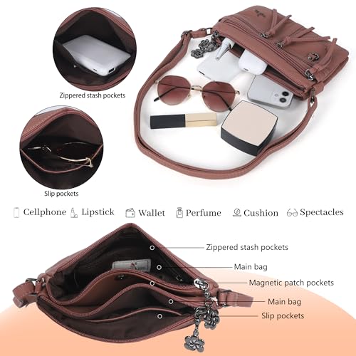 Image of Angel Kiss Small Crossbody Bag for Women Leather Crossbody Purse Triple Compartments Cell Phone Purse Shoulder Bags for Women