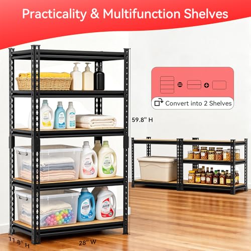 Image of 5-Tier Adjustable Metal Storage Rack, 2000 lbs Capacity, Heavy-Duty Garage Shelving, Black, 28 inchW x 11.8 inchDx 59.8 inchH, Suitable for Kitchen Storage, Basement, Multi-Functional Storage Rack.