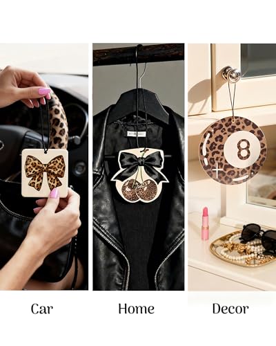 Image of Leopard Print 5pcs Car Air Freshener Bow Coquette Cheetah Print Car Accessories Automotive Interior Hanging Scents Mirror Decor for Women Teen Girls Black