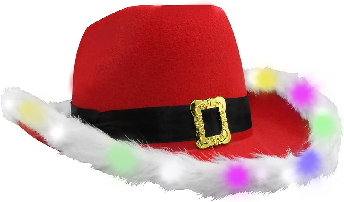 FAHOI Light Up Christmas Feather Hat with LED Flashing, Cowboy Red