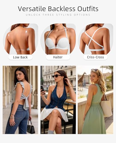 Image of YANDW Low Back Bra with Clear Straps and Back Deep V Plunge Push Up Low Cut Bras Underwire Add Two Cup