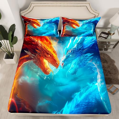 Homemissing Dragon Fitted Sheet Ice Fire Dragon Bed Sheets for Kids Boys Girls Safari Wildlife Bedding Set Orange Blue Dragon Sheets Set Bedroom Collection 2Pcs Single Size,No Flat Sheet - Image 2