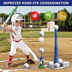 QDRAGON 2 in 1 T Ball Sets for Kids 3 5 5 8 Tee Ball Set with Automatic Pitching MachineAdjustable Batting Bat Stand6 Balls Baseball Toys Outdoor Sport for Toddlers Boys Blue