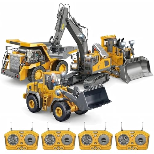 XKrmp 4-Pack RC Construction Vehicles Set Alloy Excavator Dump Truck Bulldozer Loader 2.4GHz Interference-Free Remote Control Trucks Sandbox Digger Toys for Boys with Lights