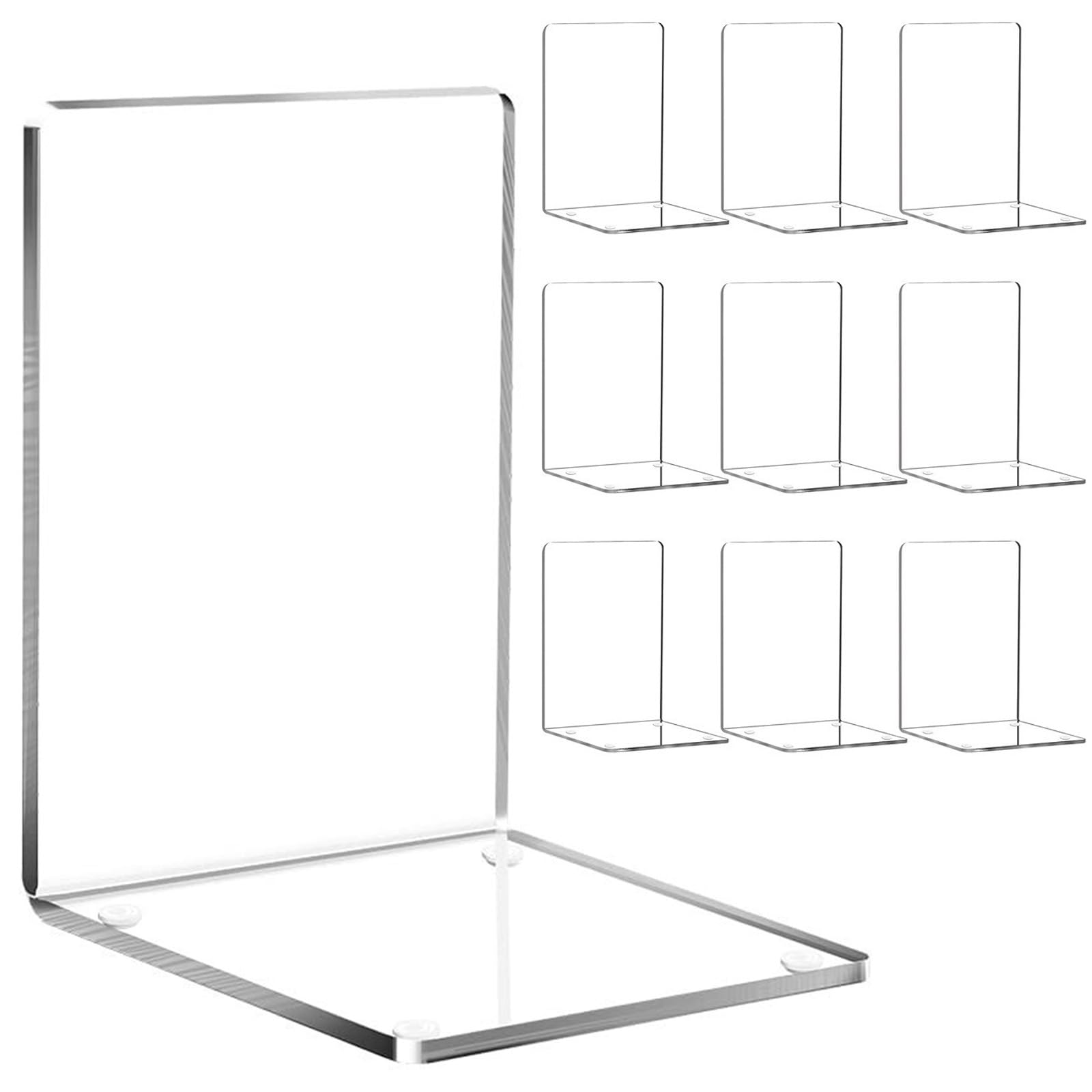 10pcs Bookends with Non-Slip Stickers, Clear Acrylic Book Ends for Shelves Heavy Duty Book Stopper, Desktop Organizer