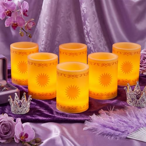 Bougies piliers LED Glooglitter lot de 6 pièces dorées à motif soleil de princesse sans flamme