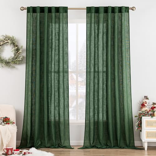 MIULEE Emerald Green Linen Curtains 120 Inches Long for Bedroom Living Room, Christmas Soft Thick Linen Textured Window Drapes Semi Sheer Light Filtering Back Tab Rod Pocket Burlap Look, 2 Panels