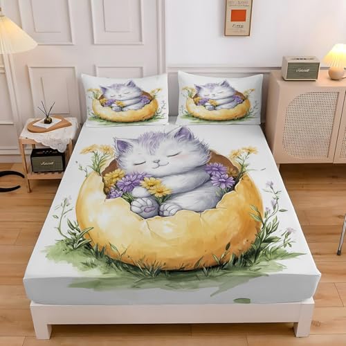Sabana Bajera 135x190 Gatito Sabanas Bajeras Estampadas CáScara De Huevo Sábana Bajera Ajustable Suaves, Elastico Funda Colchon con 2 Funda Almohada 50x80 cm, para Colchón de 30cm de Altura