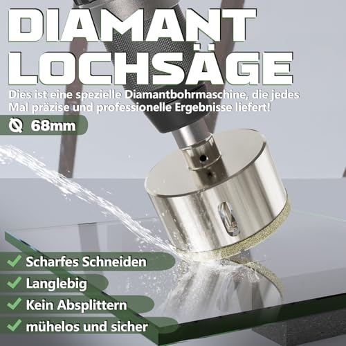 CSOOM 68mm Glasbohrer Lochsäge mit 2*Zentrierbohrer,Bohrkron Fliesenbohrer für Glas, Fliese, keramisches, Marmor, Kalkstein