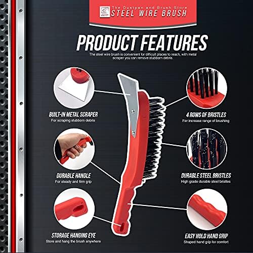 Wire Brush Set, Multipurpose Steel Brush with Metal Scraper and Easy to Grip Plastic Handle  29cm Steel Wire Brush for Rust Removal and Heavy Dirt Cleaning (Wire Brushes Pack of 3)