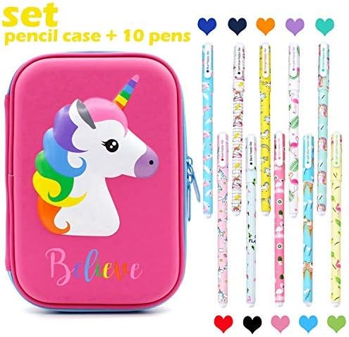 Unicorn Pencil Case Pen Set Large Capacity Pen Holder Stationery Box With Compartments + 10 Pcs Unicorn Flamingo Color Gel Pens - Unicorn Gift School Supplies for Girls Kids (Hot Pink)