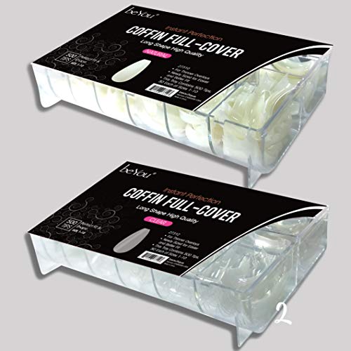 beYou 2PACK Coffin 500 Artificial Fake Nail Tips(Total 1000tips))10Sizes With Clear Plastic Cases,Long Ballerina Nails Full Cover Acrylic Nail Tips For Nail Salon Nail Shop (Coffin)