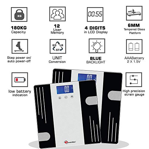 Image of PowerMax Fitness� Multi-User Digital Body Fat Scale - Smart BMI & Weight Scale, Body Composition Analyser with 12 User Memory, Human Body Capacity (Model: BCA-07)