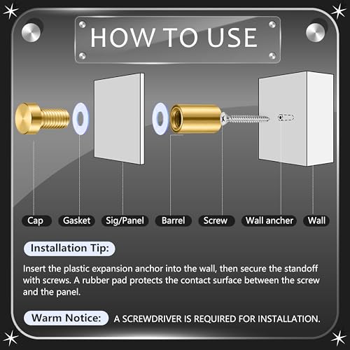 Image of Pelopy Sign Standoff Screws Advertising Screws Stainless Steel Wall Standoff Mounts Glass Acrylic Nail(1 /2 x 1 Inch,Gold,12 Pcs)