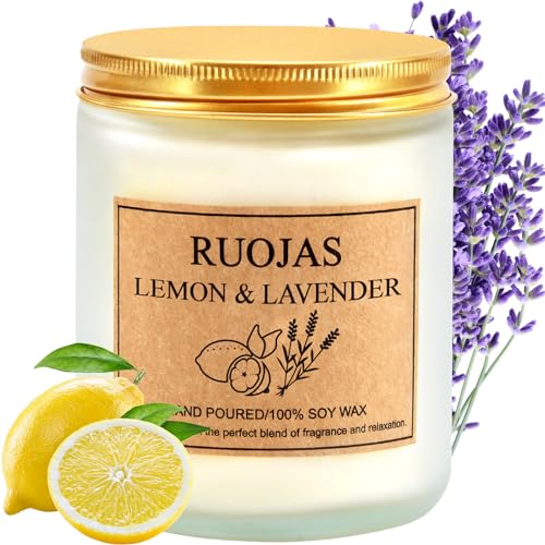 RUOJAS Vela perfumada de soja natural, vela de aromaterapia de lavanda y limón, regalo para mamá, mujeres, papá, vela de vacaciones, vela de spa, 45 horas de tiempo de combustión (7 onzas)
