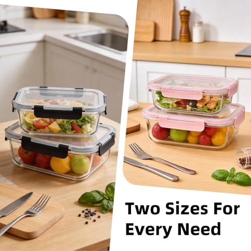 Image of Konokyo 24 Pack Rectangular Glass Food Storage Containers with Lids, 12 Pink + 12 Black, Airtight Leakproof Meal Prep Containers, BPA-Free, Microwave Oven Freezer & Dishwasher Safe