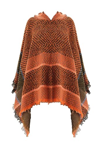 JFAN Poncho De Punto Mujer con Flecos Ponchos Y Capas De Punto para Mujer con Capucha Poncho Invierno Elegantes(Naranja,Talla única)