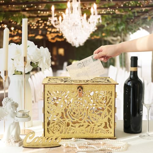 Image of Glittery Gold Wedding Card Box with Lock, Wooden Gift Card Box for Wedding Reception, Elegant Wedding Money Envelope Card Box Holder for Party Graduation Birthday Baby Shower Decorations
