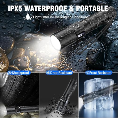 LED Flashlight, High Powered High Lumens Super Bright Tactical Flashlight, Rechargeable Flashlights High Lumens, 6 Modes Zoomable Waterproof Flash Lights for Emergency, Camping, Hiking