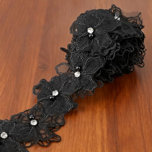2 Yards 3D Pearl Beads Flower Black Lace Trim for Sewing Organza Flower Trim Embroidered Applique Sewing Craft for Handmade DIY Sewing Craft Supplies Decoration