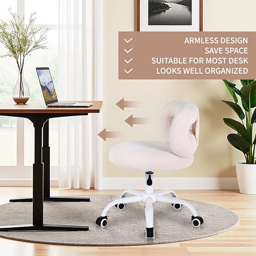 Image of Modern Faux Cashmere Home Office Chair, Height Adjustable Desk Chair with Back and Wheels for Living Room, Swivel Make-up Vanity Armless Chairs for Girls and Women (1, Cream)